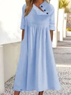 Women's Casual Dress Cotton Linen Dress Swing Dress Midi Dress Cotton Blend Basic Casual Outdoor Daily Crew Neck Ruched Button Half Sleeve Summer Spring 2023 Loose Fit Black White Pink Pure Color S M -HAYz Clothing Shop hsufpb1677826336097