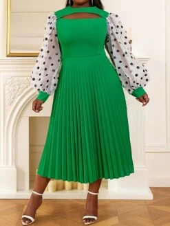 Women's Plus Size Curve Party Dress Work Dress A Line Dress Polka Dot Midi Dress Long Sleeve Mesh Cut Out Crew Neck Fashion Party Green Fall Winter XL XXL 3XL 4XL -HAYz Clothing Shop hsweth1694425972047