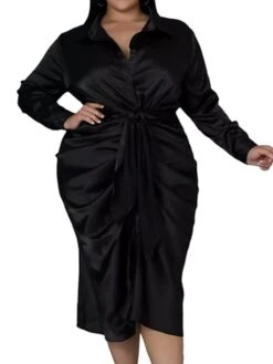 Women‘s Plus Size Curve Flattering Dresses Elegant Apple Shaped Dress Wedding Guest Work Dress Pure Color Shirt Collar Long Sleeve Fall Winter Work Midi Dress Going Out Work Dress Shirt Dress -HAYz Clothing Shop htckge1663665119257