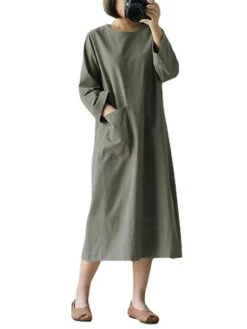 Women's Casual Dress Cotton Linen Dress A Line Dress Cotton Blend Fashion Daily Work Holiday Weekend Crew Neck Button Baggy Long Sleeve Navy Black Wine S M L XL 2XL -HAYz Clothing Shop htnjeg1690547090007