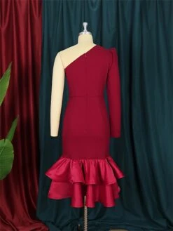 Women's Plus Size Curve Party Dress Bodycon Sheath Dress Plain Midi Dress Long Sleeve Ruffle One Shoulder Fashion Party Wine Fall Winter XL XXL 3XL 4XL -HAYz Clothing Shop htpwwu1694425972422