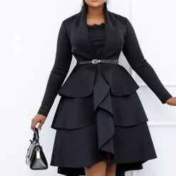 Women‘s Plus Size Curve Party Dress Solid Color Square Neck Ruffle Long Sleeve Winter Fall Basic Casual Prom Dress Midi Dress Work Daily Dress Black Dress Homecoming Dress -HAYz Clothing Shop htvoma1639121478385
