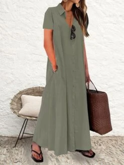 Women's Shirt Dress Casual Dress Cotton Linen Dress Maxi Long Dress Cotton Casual Daily Casual Daily Vacation Weekend Shirt Collar Button Pocket Short Sleeve Summer Spring 2023 Loose Fit Black Wine