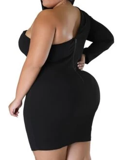 Women‘s Plus Size Curve Party Dress Solid Color One Shoulder Long Sleeve Fall Winter Formal Knee Length Dress Party Date Dress -HAYz Clothing Shop htxlge1658995288416