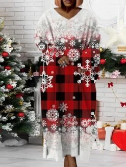 Women‘s Plus Size Christmas Dress Santa Claus V Neck Long Sleeve Winter Fall Modern Maxi Long Dress Daily Dress -HAYz Clothing Shop huauxc1668158254727