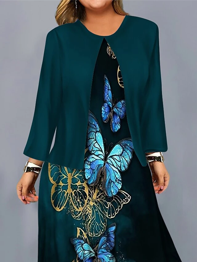 Women's Plus Size Curve Casual Dress Dress Set Two Piece Dress Butterfly Midi Dress Long Sleeve Print Crew Neck Fashion Outdoor Red Blue Fall Winter L XL XXL 3XL 4XL 2 Women's Plus Size Curve Casual Dress Dress Set Two Piece Dress Butterfly Midi Dress Long Sleeve Print Crew Neck Fashion Outdoor Red Blue Fall Winter L XL XXL 3XL 4XL - Image 2