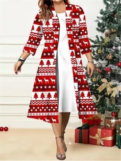 Women's Plus Size Two Piece Dress Set Casual Dress Swing Dress Outdoor Office Fashion Streetwear Print Midi Dress Crew Neck 3/4 Length Sleeve Geometric Deer Regular Fit White Wine Red Fall Winter L -HAYz Clothing Shop huqpsp1696907468643