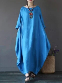 Women‘s Cotton Linen Dress Caftan Dress Shift Dress Long Dress Maxi Dress Green Red Light Blue White Black 3/4 Length Sleeve Pure Color Pocket Spring Summer Fall Boat Neck Basic Casual Loose Fit 2023 -HAYz Clothing Shop husblm1678419999288