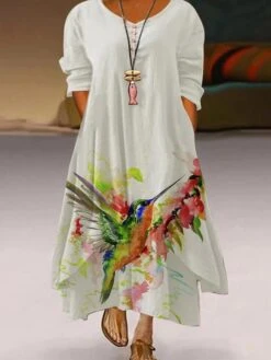 Women‘s Plus Size Curve Holiday Dress Print Crew Neck Long Sleeve Fall Winter Casual Vintage Maxi Long Dress Daily Dress