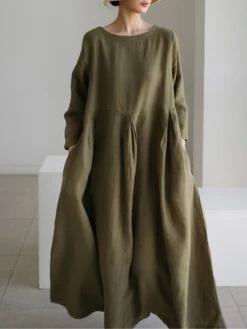 Women's Cotton Linen Dress Casual Dress Swing Dress Maxi Long Dress Cotton Blend Basic Classic Outdoor Daily Crew Neck Pocket Smocked Long Sleeve Summer Spring Fall 2023 Loose Fit Black Yellow Green -HAYz Clothing Shop huwper1673850081205