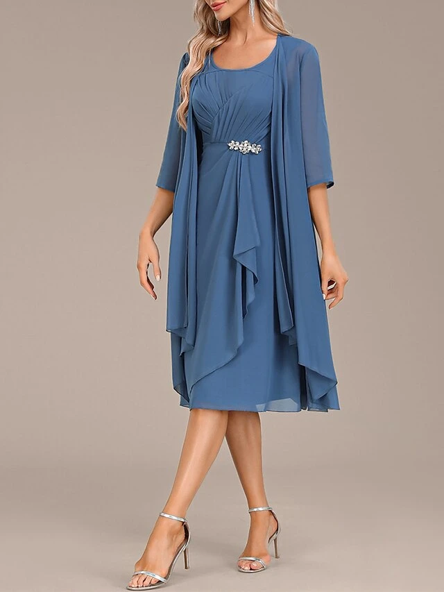 Women's Two Piece Dress Set Party Dress Chiffon Dress Party Wedding Guest Fashion Elegant Ruffle Midi Dress Crew Neck 3/4 Length Sleeve Plain Loose Fit Blue Fall Winter S M L XL XXL 1 Women's Two Piece Dress Set Party Dress Chiffon Dress Party Wedding Guest Fashion Elegant Ruffle Midi Dress Crew Neck 3/4 Length Sleeve Plain Loose Fit Blue Fall Winter S M L XL XXL