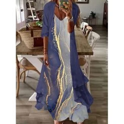 Women's Dress Set Two Piece Dress Swing Dress Long Dress Maxi Dress Water Blue Yellow Long Sleeve Color Gradient Print Winter Fall Autumn V Neck Casual Winter Dress Fall Dress Loose Fit 2023 S M L XL