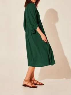 Women's Shirt Dress Casual Dress Midi Dress Outdoor Daily Date Cotton Basic Classic V Neck Ruched Long Sleeve Fall Winter 2023 Loose Fit Black Green Apricot Pure Color S M L XL -HAYz Clothing Shop hvdufg1695096318148