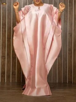 Women‘s Plus Size Curve Casual Dress Shift Dress Kaftan Dress Solid Color Long Dress Maxi Dress Half Sleeve Ruffle Crew Neck Elegant Vacation White Yellow Summer Spring One Size -HAYz Clothing Shop hvggmv1677653321346