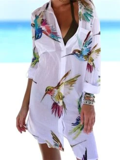 Women‘s Shirt Dress Cover Up Beach Dress Beach Wear Mini Dress Pocket Print Fashion Casual Floral Turndown 3/4 Length Sleeve Loose Fit Outdoor Daily White Yellow 2023 Spring Summer S M L XL -HAYz Clothing Shop hvlawl1675938180291