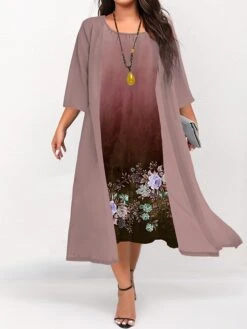 Women's Plus Size Curve Two Piece Dress Set Casual Dress Swing Dress Outdoor Daily Fashion Elegant Print Midi Dress Crew Neck 3/4 Length Sleeve Floral Ombre Navy Blue Royal Blue Blue Fall Winter