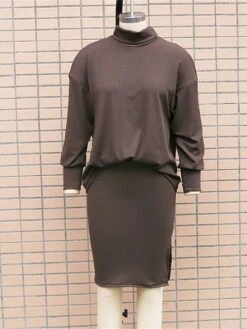 Women's Two Piece Dress Set Casual Dress Skirt Set Outdoor Daily Fashion Streetwear Split Ribbed Midi Dress Turtleneck Long Sleeve Plain Loose Fit Black Brown Beige Fall Winter S M L XL -HAYz Clothing Shop hvptap1694596420720