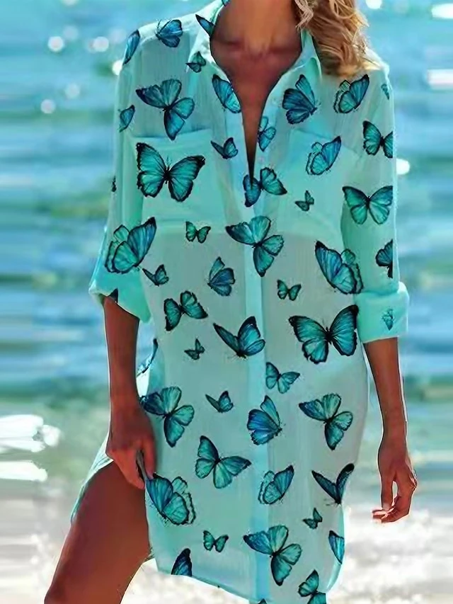 Women's Shirt Dress Beach Dress Beach Wear Mini Dress Button Pocket Fashion Casual Butterfly Turndown 3/4 Length Sleeve Loose Fit Outdoor Daily Black Green 2023 Spring Summer S M L XL 1 Women's Shirt Dress Beach Dress Beach Wear Mini Dress Button Pocket Fashion Casual Butterfly Turndown 3/4 Length Sleeve Loose Fit Outdoor Daily Black Green 2023 Spring Summer S M L XL
