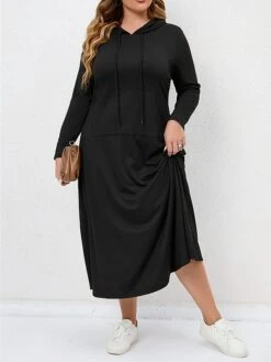 Women's Plus Size Curve Casual Dress Hoodie Dress Black Dress Solid Color Long Dress Maxi Dress Long Sleeve Hooded Fashion Outdoor Black Fall Winter L XL XXL 3XL 4XL