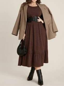 Women's Plus Size Curve Sweater Dress Winter Dress Casual Dress Plain Midi Dress Long Sleeve Ruffle Pocket Crew Neck Fashion Outdoor Coffee Fall Winter L XL 2XL 3XL 4XL -HAYz Clothing Shop hwexbu1697164794297