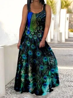 Women's Plus Size Curve Casual Dress Swing Dress Strap Dress Peacock Feather Maxi Long Dress Sleeveless Print Strap Romantic Daily Deep Purple Deep Green Summer Spring L XL XXL 3XL 4XL -HAYz Clothing Shop hwgaem1680773039671