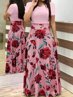 Women's Shift Dress Maxi Long Dress White Black Red Blushing Pink Green Short Sleeve Floral Patchwork Print Fall Winter Round Neck Hot Chinoiserie Batwing Sleeve Cotton 2021 S M L XL XXL -HAYz Clothing Shop hwhsrm1599205784371