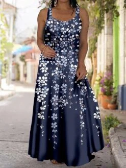 Women‘s Plus Size Curve Casual Dress Strap Dress Floral Coconut Tree Long Dress Maxi Dress Sleeveless Print Strap Fashion Outdoor Navy Blue Blue Summer Spring L XL XXL 3XL 4XL -HAYz Clothing Shop hwitax1684480038452