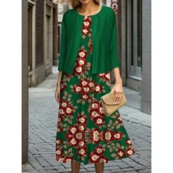Women's Two Piece Dress Set Casual Dress Swing Dress Outdoor Office Fashion Streetwear Print Midi Dress Crew Neck 3/4 Length Sleeve Floral Regular Fit Red Green Fall Winter S M L XL XXL -HAYz Clothing Shop hwzuei1695644969941