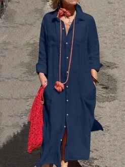 Women's Shirt Dress Casual Dress Cotton Linen Dress Maxi Long Dress Linen / Cotton Blend Daily Casual Daily Outdoor Daily Vacation Shirt Collar Button Pocket Long Sleeve Spring Fall Winter 2023 Loose -HAYz Clothing Shop hxpooc1692776372678