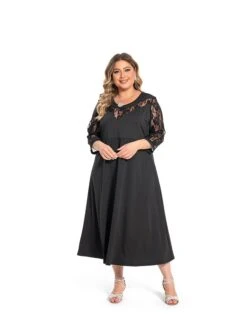 Women‘s Plus Size Curve Party Dress Color Block Crew Neck Lace 3/4 Length Sleeve Spring Fall Elegant Prom Dress Maxi Long Dress Formal Party Dress -HAYz Clothing Shop hxsxwg1694770672380
