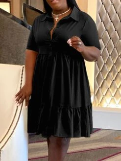 Women‘s Plus Size Curve Shirt Dress Solid Color Shirt Collar Ruffle Half Sleeve Spring Summer Casual Knee Length Dress Daily Holiday Dress -HAYz Clothing Shop hxybcx1656491036297