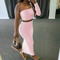 Women's Dress Set Two Piece Dress Skirt Set Long Dress Maxi Dress Black White Pink Long Sleeve Pure Color Cold Shoulder Summer Spring One Shoulder Stylish Winter Dress Fall Dress 2023 S M L -HAYz Clothing Shop hxyqhk1640164792323