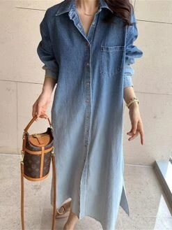 Women's Shirt Dress Casual Dress Maxi Long Dress Outdoor Daily Vacation Denim Fashion Modern Shirt Collar Button Pocket Long Sleeve Spring Fall Winter 2023 Loose Fit Blue Ombre M -HAYz Clothing Shop hyqiol1695027658087