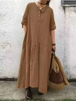 Women's Casual Dress Cotton Linen Dress Black Dress Maxi Long Dress Cotton Blend Basic Casual Outdoor Daily V Neck Button Pocket Long Sleeve Summer Spring Fall 2023 Loose Fit ArmyGreen Navy Blue Khaki -HAYz Clothing Shop hytcpz1678778567055