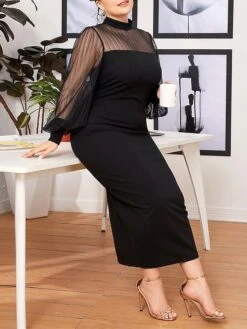 Women‘s Plus Size Curve Work Dress Sheath Dress Black Dress Fashion Mesh Sleeve Long Dress Maxi Dress Mesh Stand Collar Long Sleeve Plain Regular Fit Black Spring Fall L XL XXL 3XL 4XL -HAYz Clothing Shop hzdrpf1692089937202
