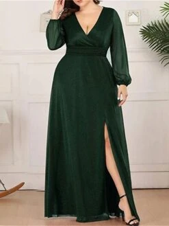 Women's Plus Size Curve Party Dress Sheath Dress Burgundy Dress Solid Color Plain Long Dress Maxi Dress Long Sleeve V Neck Fashion Party Black Wine Fall Winter L XL XXL 3XL 4XL -HAYz Clothing Shop hzilqo1695018858169