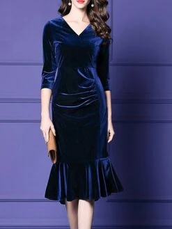 Women's Plus Size Curve Party Dress Velvet Dress Winter Dress Solid Color Midi Dress Long Sleeve Ruched V Neck Fashion Party Black Wine Fall Winter L XL XXL 3XL 4XL -HAYz Clothing Shop hzpqei1694576155523