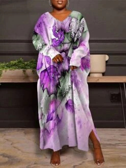 Women's Plus Size Curve Casual Dress Winter Dress Leaf Long Dress Maxi Dress Long Sleeve Print V Neck Fashion Outdoor Blue Purple Fall Winter L XL XXL 3XL 4XL -HAYz Clothing Shop hzuqhy1695360875307