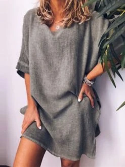 Women's Cotton Linen Dress A Line Dress Mini Dress Cotton Blend Casual Comfort Home Daily Crew Neck Rolled Cuff Half Sleeve Summer Spring Loose Fit White Pink Blue Pure Color S M L XL 2XL -HAYz Clothing Shop iacbep1654067366106