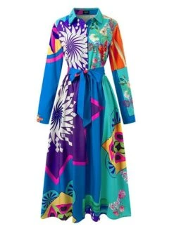 Women‘s Plus Size Curve Party Dress Swing Dress Graphic Long Dress Maxi Dress Long Sleeve Pocket Print Crew Neck Modern Party Blue Fall Spring L XL XXL 3XL 4XL -HAYz Clothing Shop iagcqh1672990478380