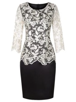 Women's Plus Size Curve Party Dress Print Crew Neck Mesh Half Sleeve Fall Spring Work Vintage Prom Dress Knee Length Dress Party Daily Dress / Lace -HAYz Clothing Shop iajaud1603777220158