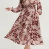 Women's Plus Size Curve Casual Dress Wine Red Velvet Dress Swing Dress Floral Long Dress Maxi Dress Long Sleeve Pocket Print V Neck