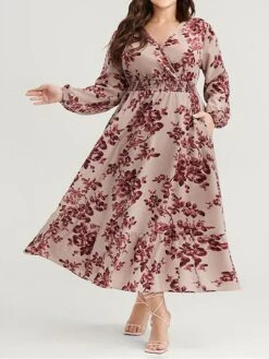 Women's Plus Size Curve Casual Dress Wine Red Velvet Dress Swing Dress Floral Long Dress Maxi Dress Long Sleeve Pocket Print V Neck