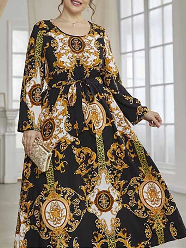 Women's Plus Size Curve Work Dress Swing Dress Semi Formal Dress Fashion Long Dress Maxi Dress Lace Up Print Crew Neck Long Sleeve Floral Color Block Regular Fit Black Fall Winter L XL XXL 3XL 4XL 4 Women's Plus Size Curve Work Dress Swing Dress Semi Formal Dress Fashion Long Dress Maxi Dress Lace Up Print Crew Neck Long Sleeve Floral Color Block Regular Fit Black Fall Winter L XL XXL 3XL 4XL - Image 4