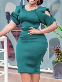 Women‘s Plus Size Curve Party Dress Solid Color V Neck Short Sleeve Spring Fall Work Formal Midi Dress Party Date Dress -HAYz Clothing Shop iavyat1661334434782