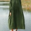 Women's Cotton Linen Dress Midi Dress Linen Cotton Blend Basic Daily Crew Neck Splice Basic Long Sleeve Spring Fall 2023 Loose Fit Light Pink ArmyGreen Black Plain S M L XL 2XL