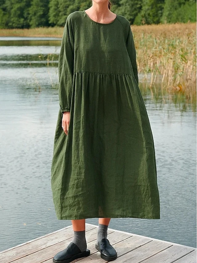 Women's Cotton Linen Dress Midi Dress Linen Cotton Blend Basic Daily Crew Neck Splice Basic Long Sleeve Spring Fall 2023 Loose Fit Light Pink ArmyGreen Black Plain S M L XL 2XL 1 Women's Cotton Linen Dress Midi Dress Linen Cotton Blend Basic Daily Crew Neck Splice Basic Long Sleeve Spring Fall 2023 Loose Fit Light Pink ArmyGreen Black Plain S M L XL 2XL