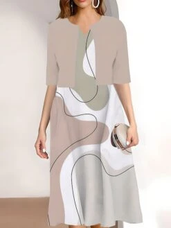 Women's Two Piece Dress Set Casual Dress Print Dress Outdoor Daily Fashion Elegant Print Midi Dress V Neck Half Sleeve Geometric Color Block Regular Fit Black Pink Blue Summer Spring S M L XL XXL -HAYz Clothing Shop iazmcr1689670542770