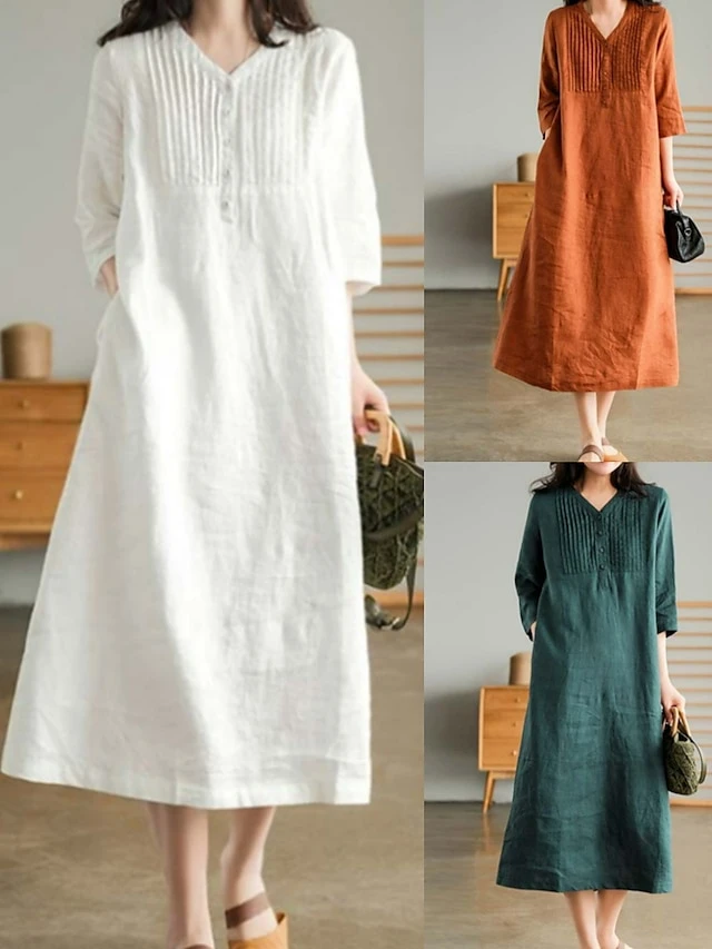 Women's Casual Dress Cotton Linen Dress White Dress Midi Dress Bamboo Fashion Modern Daily Vacation V Neck Ruched Patchwork Half Sleeve Summer Spring Fall 2023 Regular Fit White Blue Orange Plain M L 2 Women's Casual Dress Cotton Linen Dress White Dress Midi Dress Bamboo Fashion Modern Daily Vacation V Neck Ruched Patchwork Half Sleeve Summer Spring Fall 2023 Regular Fit White Blue Orange Plain M L - Image 2