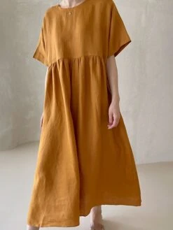 Women's Casual Dress Cotton Linen Dress Tiered Dress Maxi Long Dress Linen / Cotton Blend Daily Casual Outdoor Home Daily Crew Neck Pocket Short Sleeve Summer Spring 2023 Loose Fit Yellow Pink Plain -HAYz Clothing Shop iblxwt1689933421862